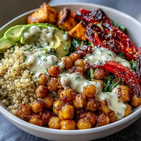 A colorful roasted chickpea power bowl with crispy chickpeas, quinoa, and vibrant vegetables drizzled with creamy tahini dressing.  