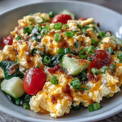 Fluffy scrambled eggs mixed with sautéed spinach, tomatoes, and peppers in a hearty breakfast bowl.