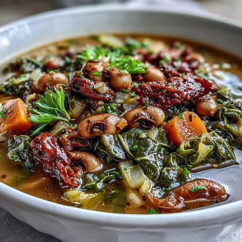A steaming bowl of Soul Food Black-Eyed Pea and Collard Green Stew, rich with smoky flavors and tender greens, perfect for a cozy Southern meal.
