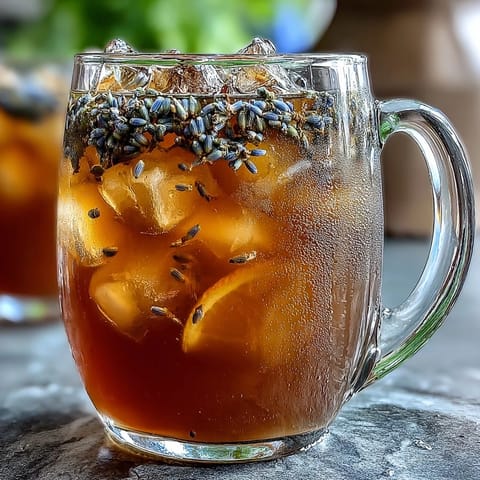 Chilled lavender honey lemonade with vibrant yellow citrus slices and a sprig of lavender, served over ice in a tall glass.