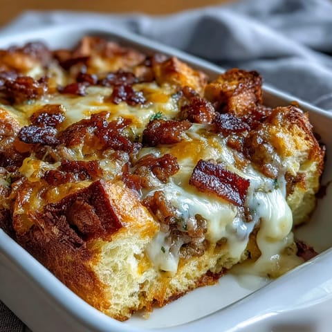 Amish breakfast casserole with hash browns, eggs, and sausage, golden and bubbly from the oven.