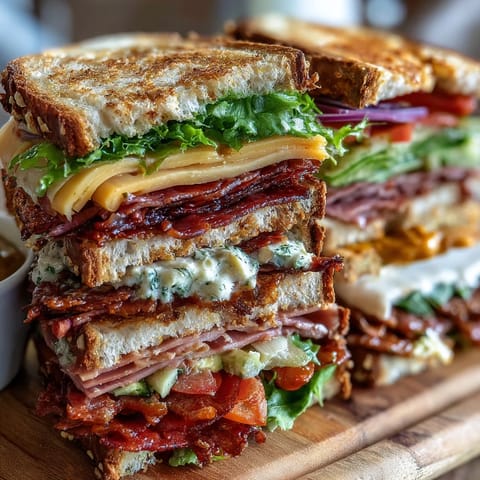 Vibrant loaded deli sandwich board with assorted meats, cheeses, and fresh vegetables ready for building perfect sandwiches.