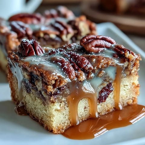 Kentucky Derby Pecan Pie Bars with Bourbon Glaze on a rustic wooden platter, drizzled with glossy bourbon icing and garnished with whole pecans.