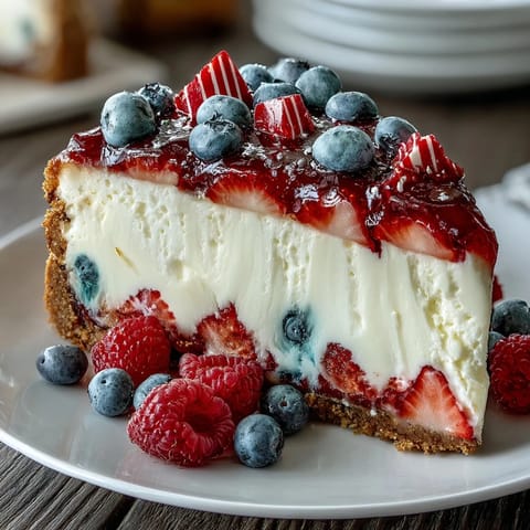 Festive Fourth of July No-Bake Cheesecake Flag Cake with fresh berries and creamy filling, perfect for Independence Day celebrations.  