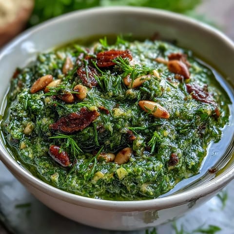 Dandelion pesto with garlic and pine nuts in a bowl, ready to serve over pasta or spread on bread.