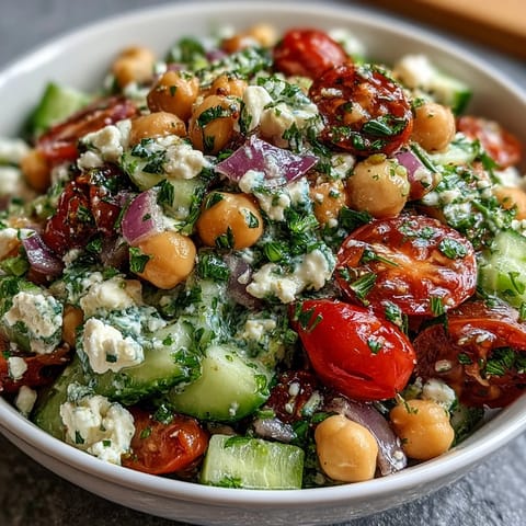 Bright and zesty cold chickpea salad with lemon herbs, red onion, and optional feta cheese for a Mediterranean twist.  