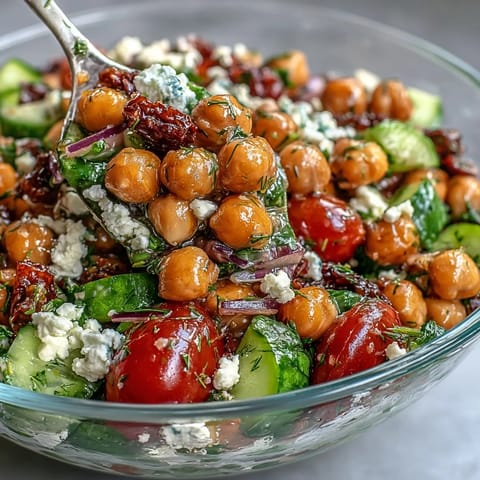A colorful bowl of cold chickpea salad with fresh lemon herbs, juicy cherry tomatoes, and crisp cucumbers.  