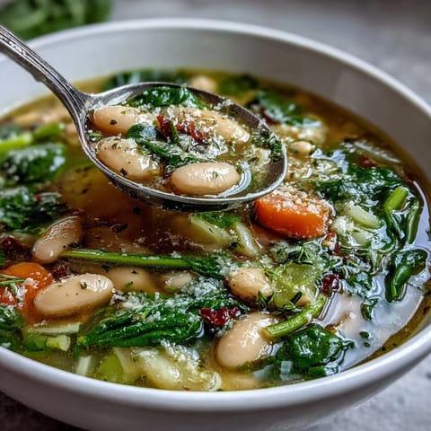 Hearty Tuscan white bean and spinach soup with tender vegetables and aromatic Italian herbs, served steaming hot in a rustic bowl.