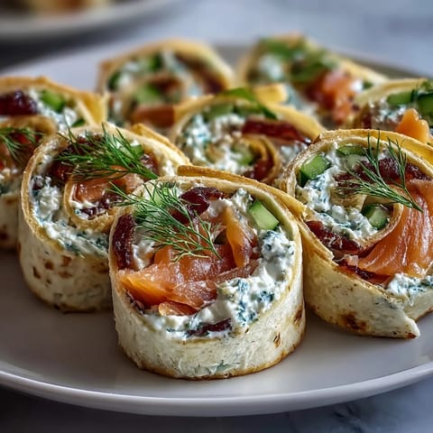 Smoked salmon and cucumber cream cheese pinwheels on a wooden board, garnished with fresh dill and lemon wedges.