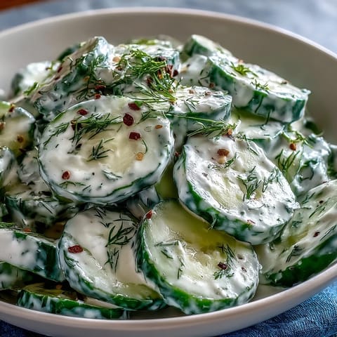 Creamy cucumber dill salad with crisp cucumber slices and tangy sour cream dressing, garnished with fresh dill and red onion.