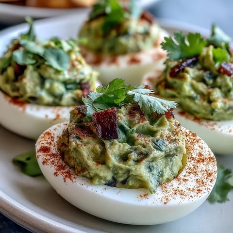 Guacamole stuffed deviled eggs with creamy avocado filling, garnished with smoked paprika and fresh cilantro.