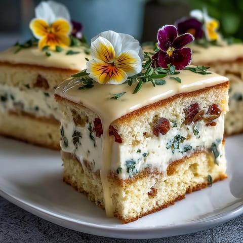 Spring Cake with Pressed Edible Flowers and Lemon Curd, a light and aromatic sponge layered with tangy lemon curd and delicately adorned with pressed edible flowers.