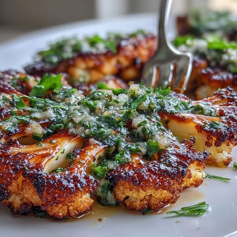 Vibrant BBQ Cauliflower Steaks topped with fresh, herbaceous chimichurri, perfect for a summer grill.