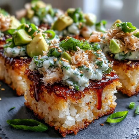 Crispy rice salad with spicy tuna, avocado, and vibrant garnishes, a delightful fusion dish.