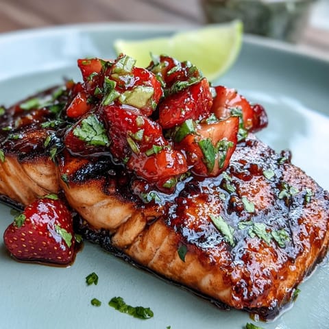 Juicy grilled salmon topped with bright strawberry avocado salsa, perfect for summer.