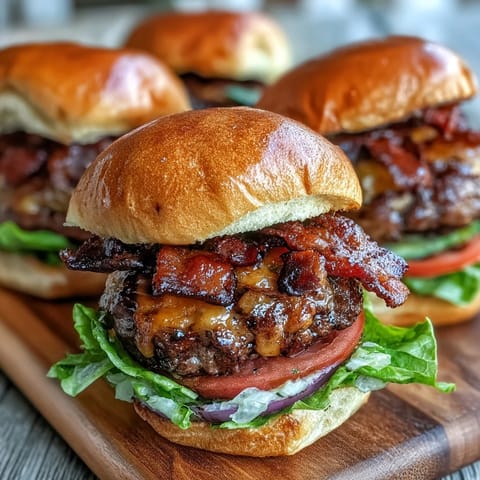 Juicy grilled Father's Day bacon burger sliders with melted cheese, a crowd-pleaser.