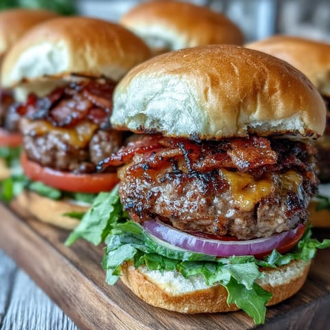Melted cheese, crispy bacon crown these tasty Father's Day burger sliders.