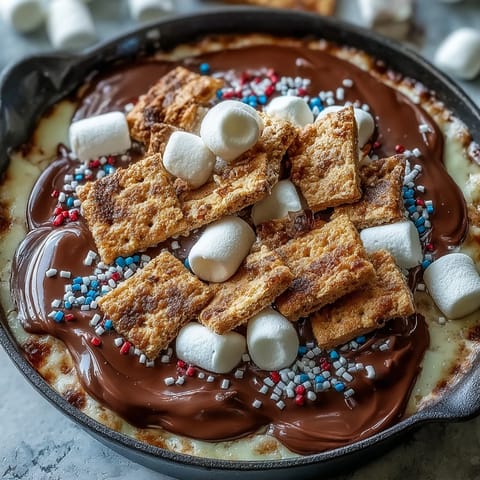 Festive 3-ingredient 4th of July S'mores Dip bubbling in cast iron skillet.