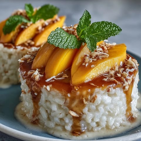 Beautiful Coconut Mango Sticky Rice Cups topped with fresh, ripe mango chunks.