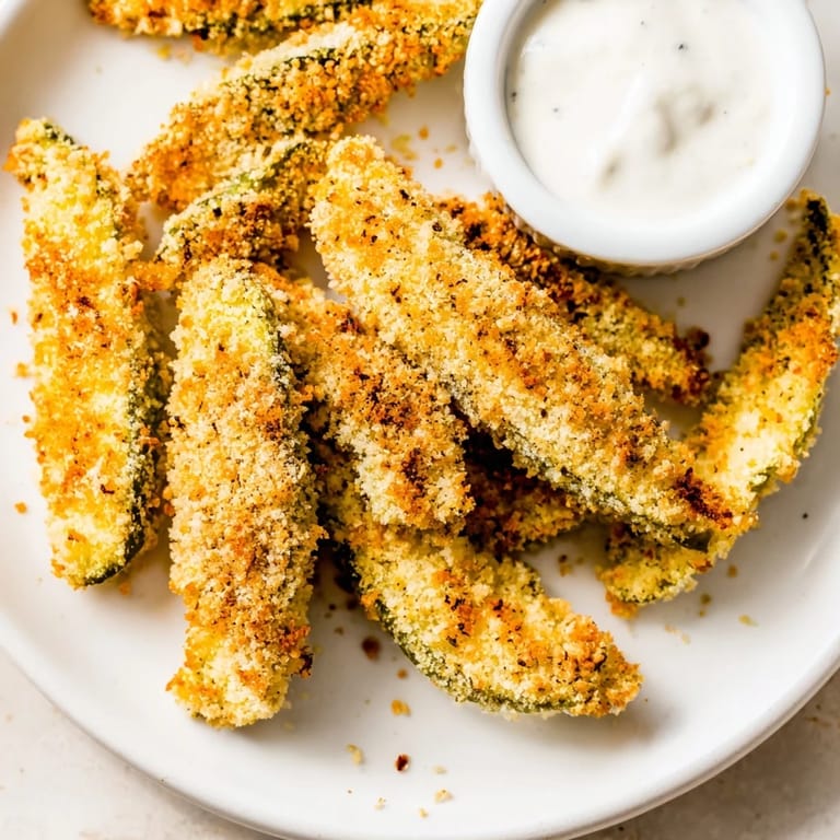 Delicious, hot fried pickles piled on a plate, the crunchy texture contrasting with the creamy ranch.