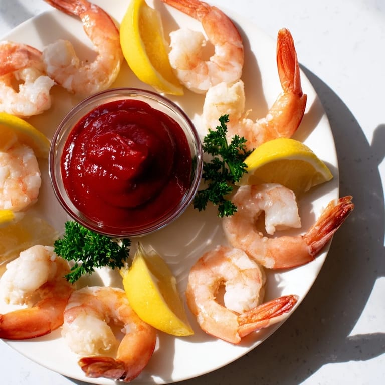 Vibrant and chilled shrimp cocktail, a classic appetizer with tangy sauce and lemon garnish.