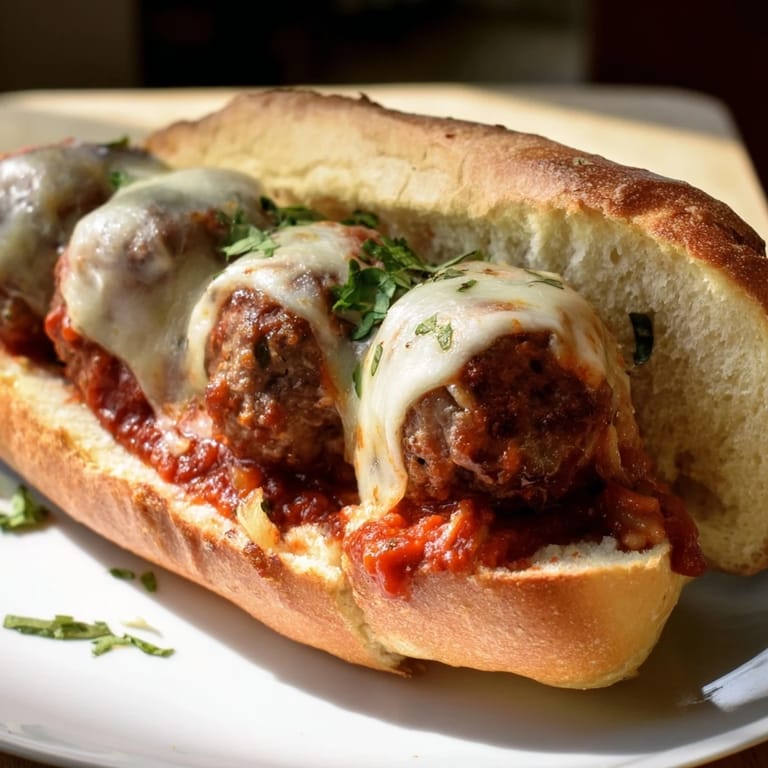 A close-up of a Meatball Sub: a tender, warm meatball-filled sandwich with bubbling cheese.