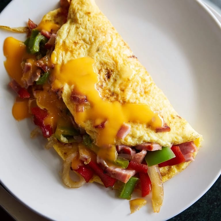 Savory Denver Omelet, cooked golden brown, showcasing colorful filling and cheese inside.