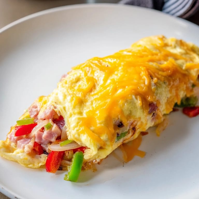 A fresh, hot Denver Omelet, perfect for breakfast with hearty ham and veggies.