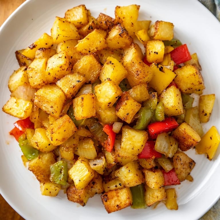 Close-up of golden brown home fries, showcasing the crispy texture and savory ingredients.