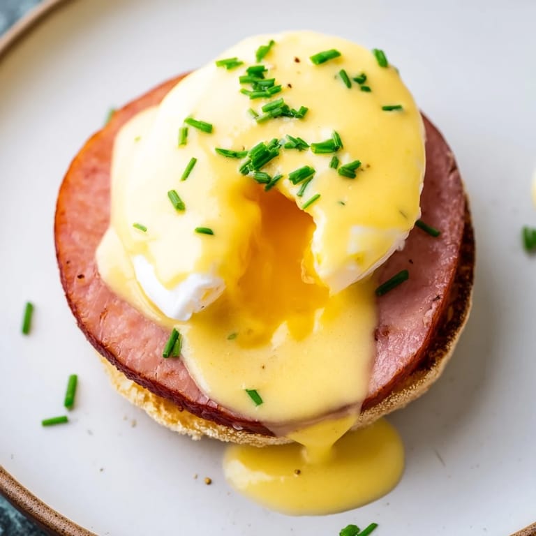 Imagine warm, savory Eggs Benedict with perfectly poached eggs and Canadian bacon, coated in rich hollandaise.