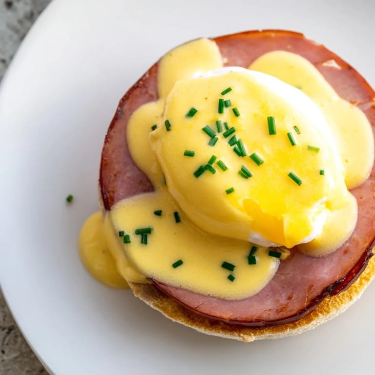 A beautifully plated Eggs Benedict: English muffins, ham, and a runny egg, drizzled with luscious hollandaise sauce.