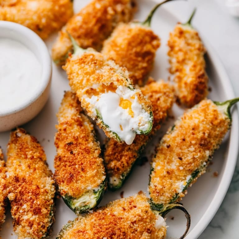 Crispy breaded jalapeño poppers filled with creamy cheese, perfect with cool ranch.