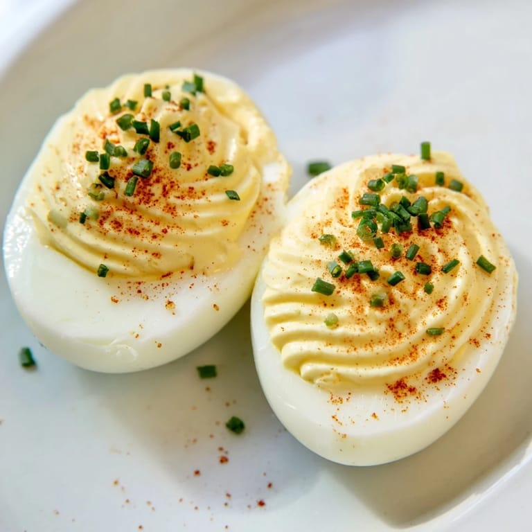 Creamy, paprika-dusted deviled eggs, perfect for a picnic or party, are presented on a white platter.