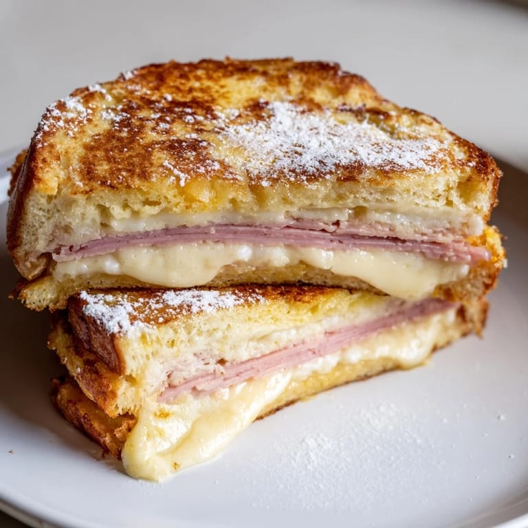 A dusting of powdered sugar tops this delicious Monte Cristo sandwich, ready to enjoy with raspberry preserves.
