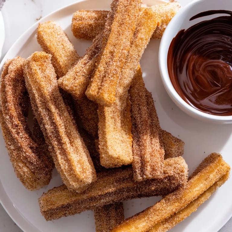 Freshly fried churros, a Spanish treat with a light, airy inside, served warm with chocolate sauce.
