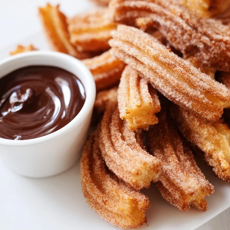 Close-up of fluffy churros dusted in cinnamon sugar, next to a bowl of decadent dark chocolate dipping sauce.