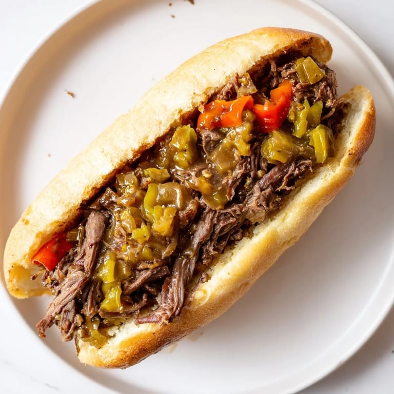 A close-up of a stacked Italian Beef Sandwich, showcasing tender beef and crusty roll.