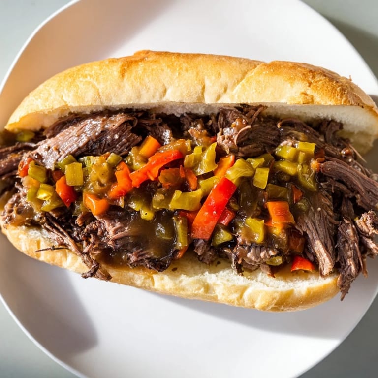 Juicy Italian Beef Sandwich, brimming with meat and vegetables, ready to be dipped.