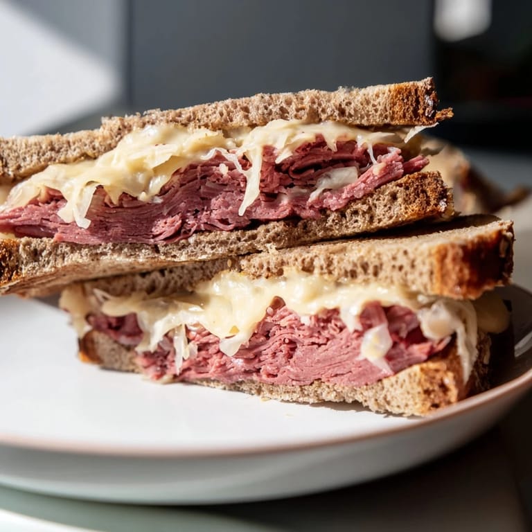 Grilled Reuben sandwich on rye bread, oozing with creamy Russian dressing and savory corned beef, ready to eat.