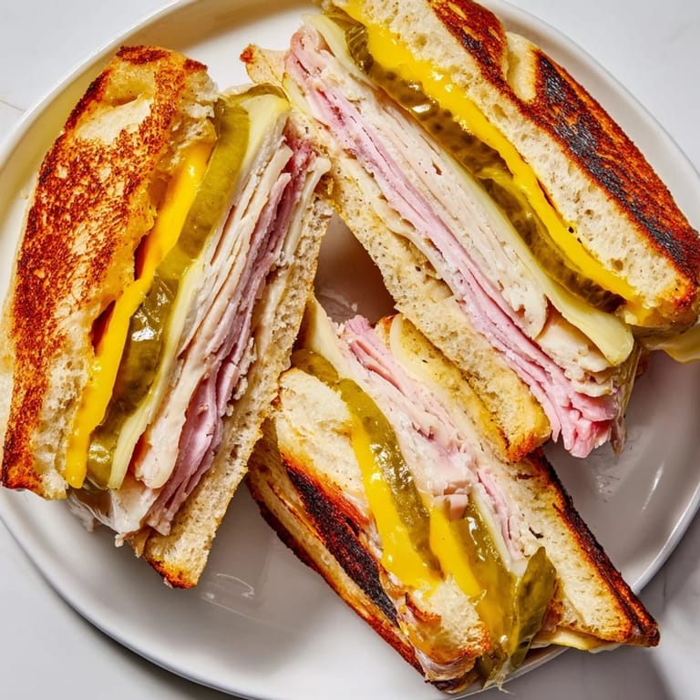 A freshly grilled Cuban sandwich, oozing with melted Swiss cheese, delicious and savory for your next meal.