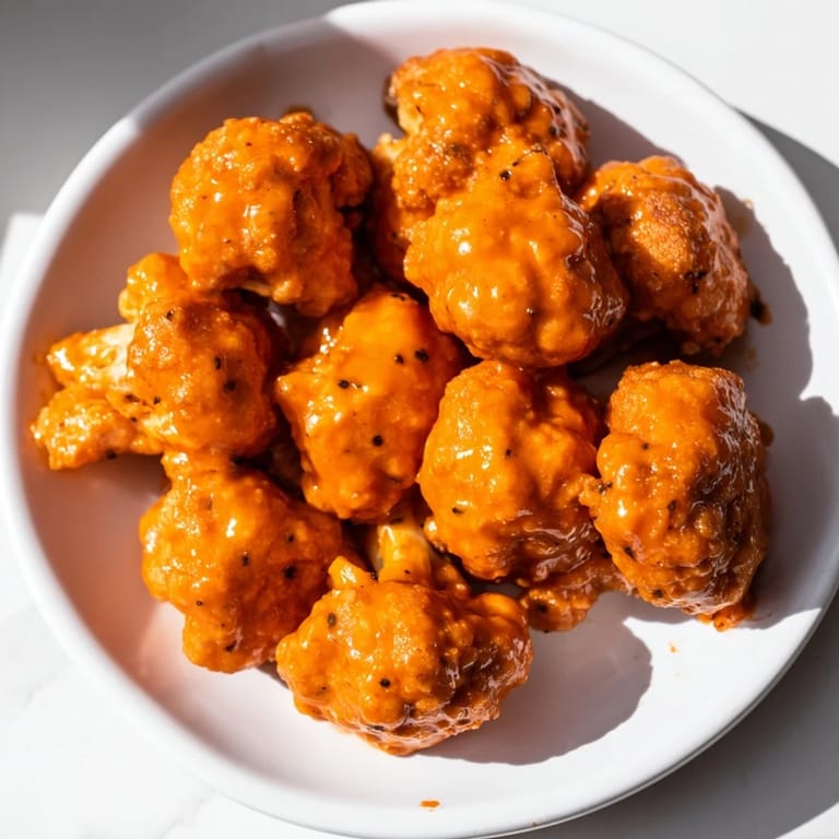 Close-up photo of baked Buffalo Cauliflower Wings, coated in a glistening buffalo sauce and perfectly crisp.