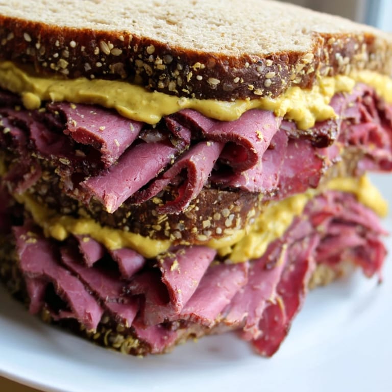 Close-up of a perfectly stacked pastrami on rye, served with optional dill pickle slices at a deli.