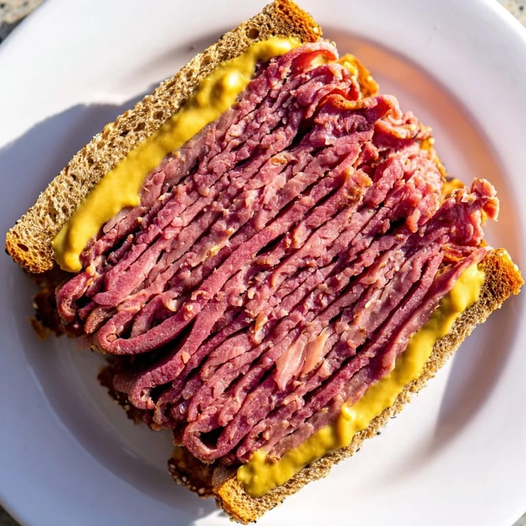 Warm, juicy pastrami on rye with seeded bread and a smear of mustard, a classic American meal.