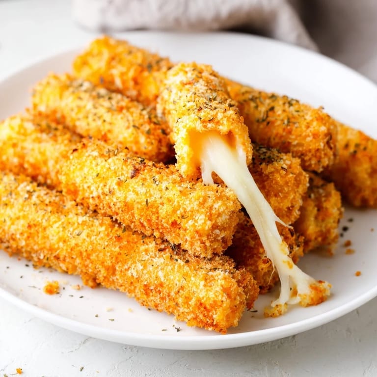 A plate of homemade mozzarella sticks, perfectly crunchy and golden, ready to be enjoyed.