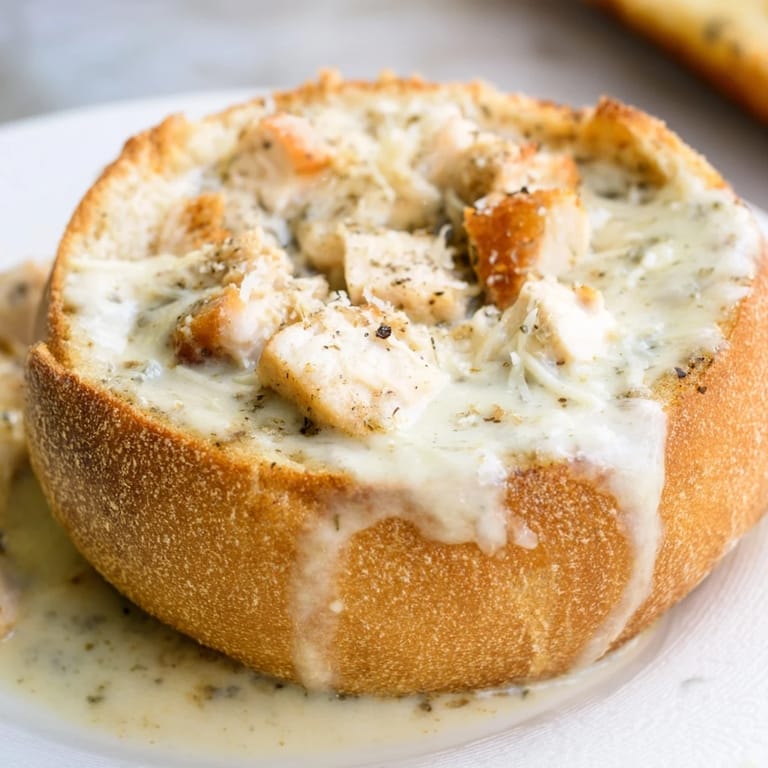 A hearty Chicken Alfredo Bread Bowl served with a side salad, offering a savory, warm dinner for family gatherings.