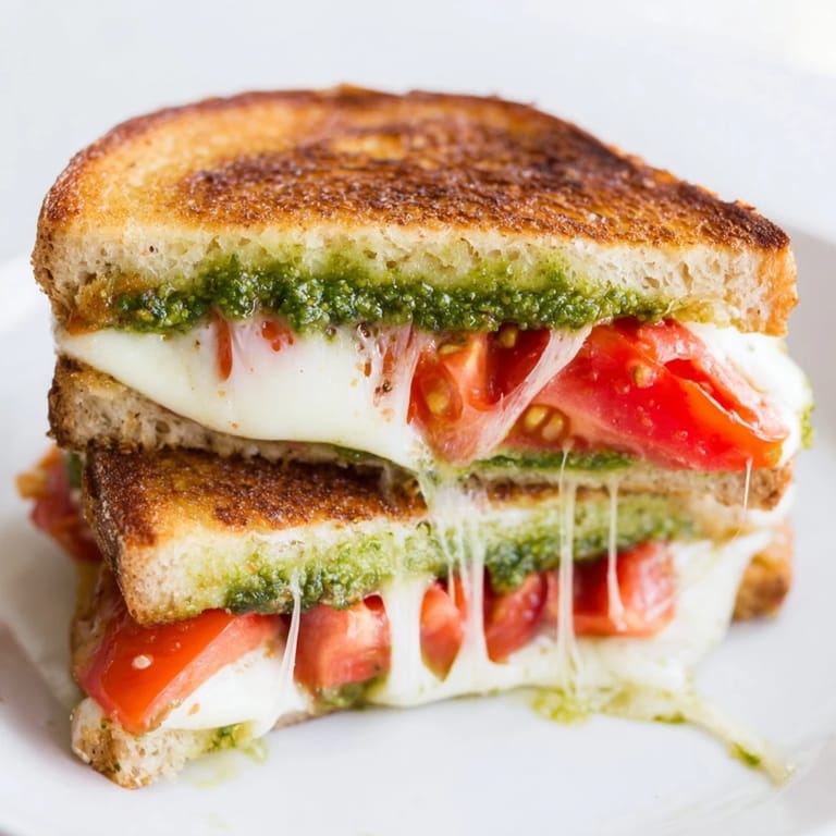 Buttery sourdough bread holds a warm Caprese Pesto Grilled Cheese, served with sliced tomatoes.