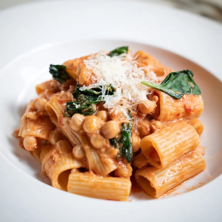 Tuscan chickpea pasta served in a skillet, steam rising from the creamy tomato sauce with garlic, chickpeas, and spinach tossed with al dente pasta.  