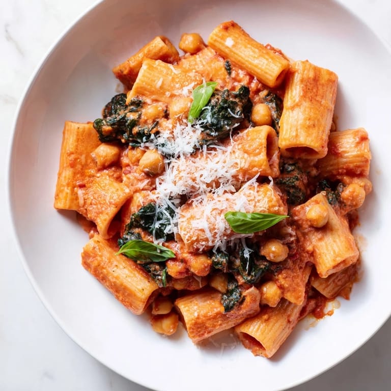 Colorful plate of Tuscan chickpea pasta garnished with fresh basil and Parmesan, a hearty Mediterranean-inspired meal ready for a family dinner.