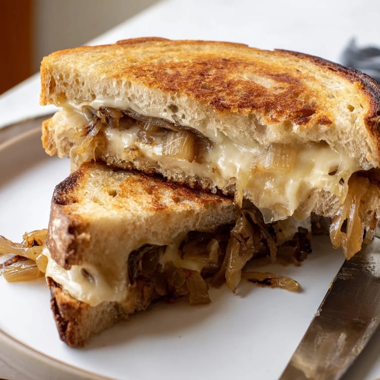 Two servings of hot Caramelized Onion Grilled Cheese, perfectly crisped and paired with a bowl of creamy tomato soup for dipping.