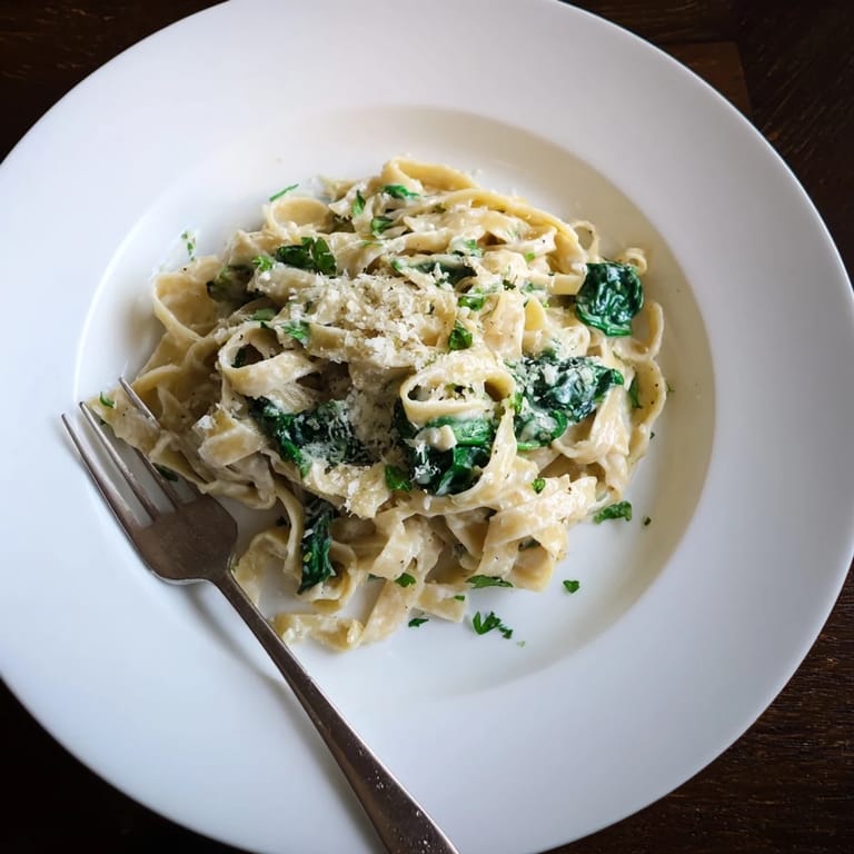 A skillet of creamy garlic spinach pasta ready to serve, garnished with fresh parsley and extra grated cheese over steaming noodles.  